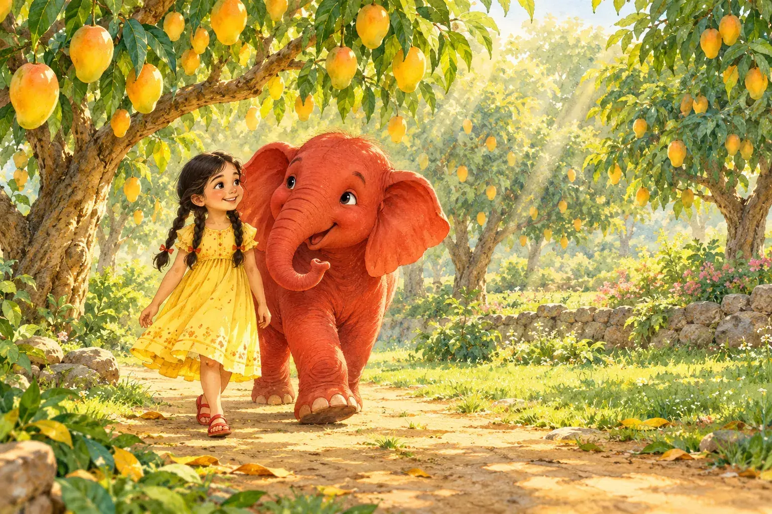 A picture-book page: a girl in a yellow frock walks with a red elephant through a mango orchard