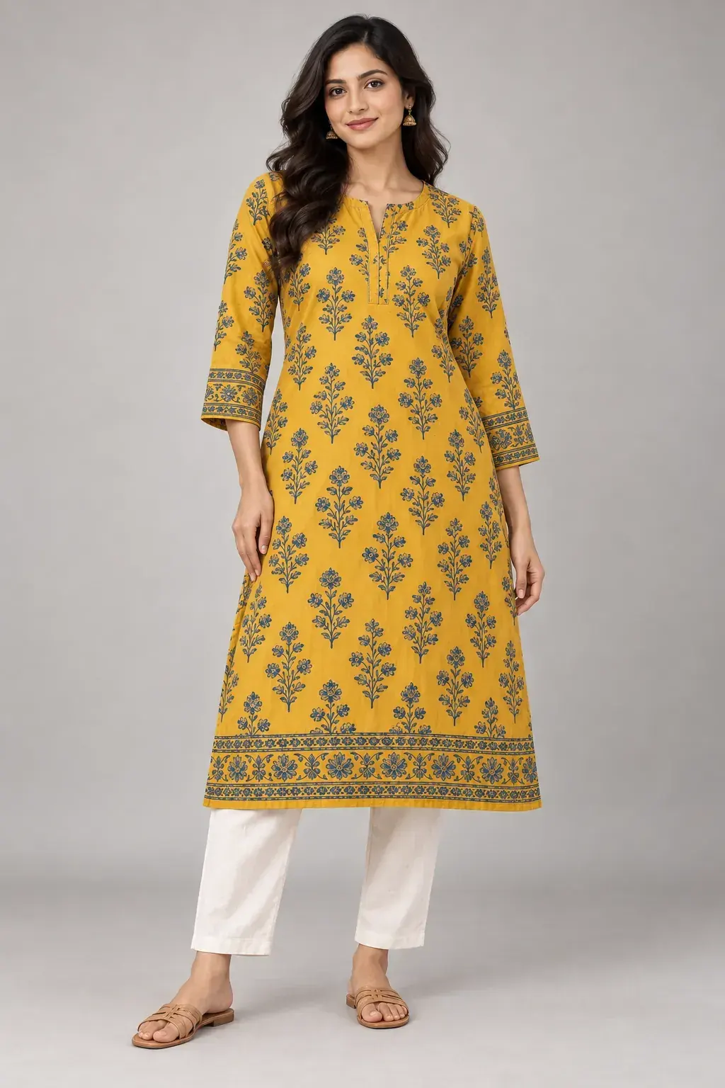 A block-print kurta on a synthetic model in a studio