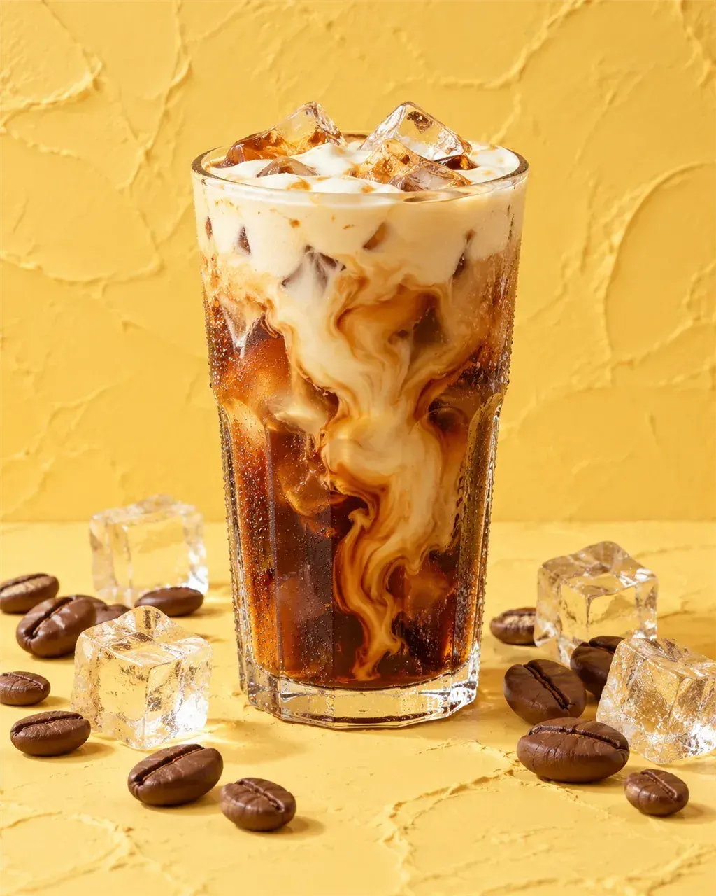An ad: iced coffee on bright yellow with the line Your 4 pm fix