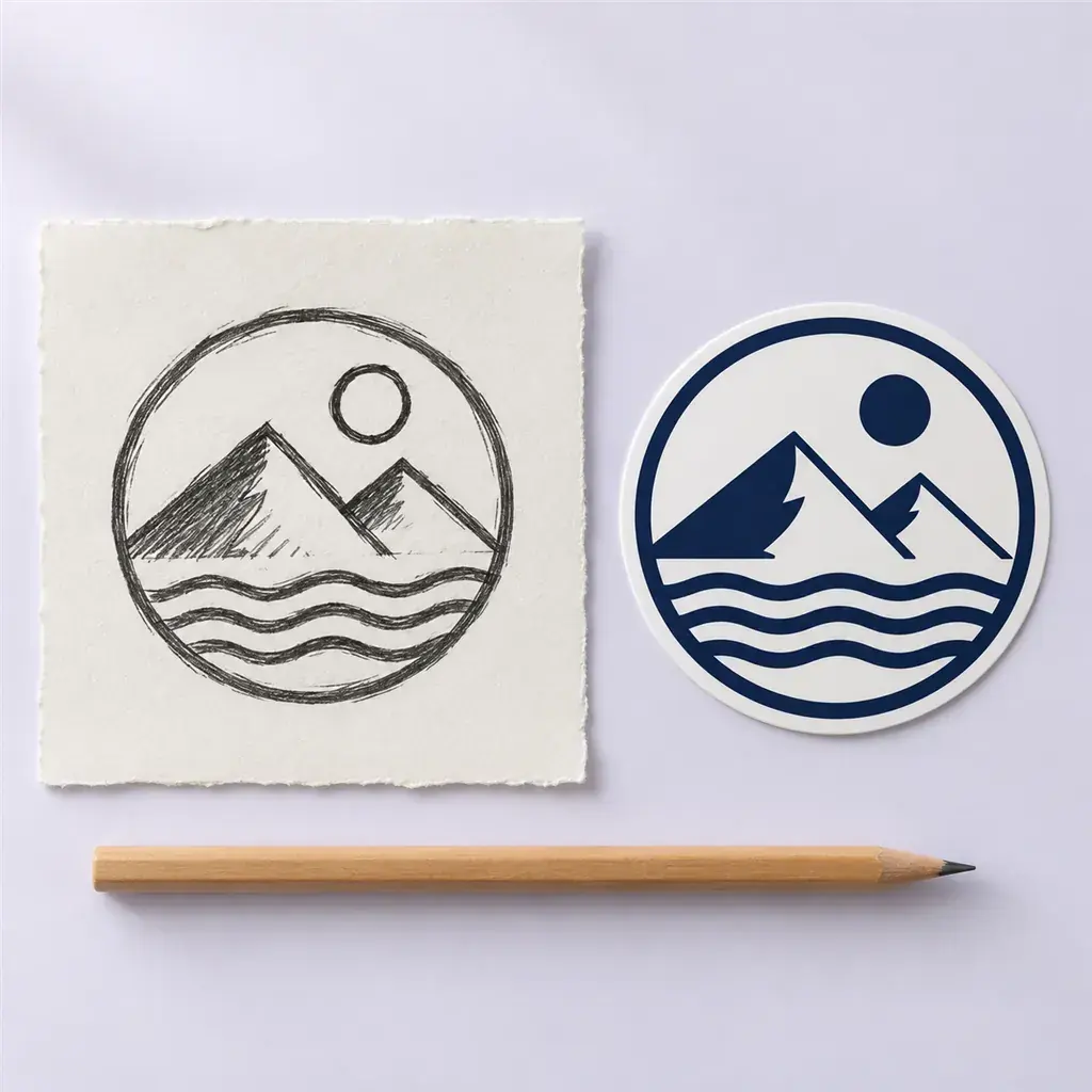 A pencil sketch of a mountain badge beside the same badge as a crisp vinyl decal