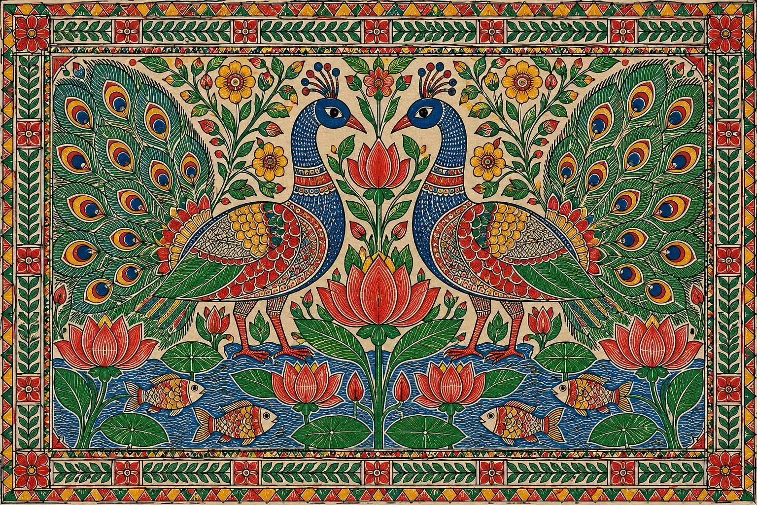 A Madhubani artwork of two peacocks among lotuses, sharp enough to print large