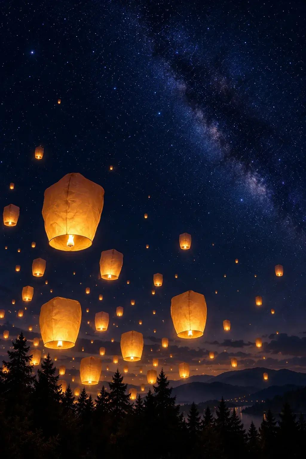 Sky lanterns rising under the Milky Way