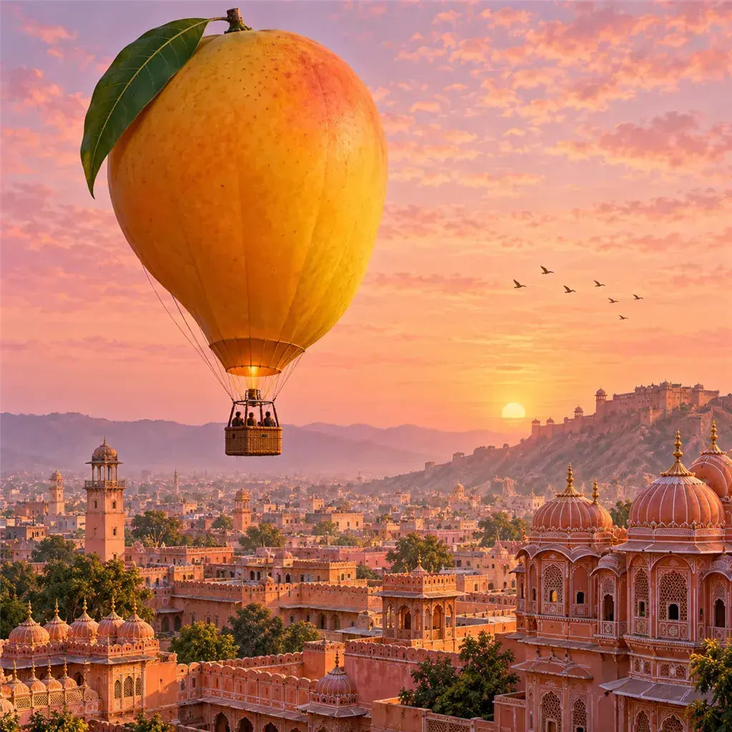 A mango-shaped hot-air balloon over Jaipur at dawn, painterly