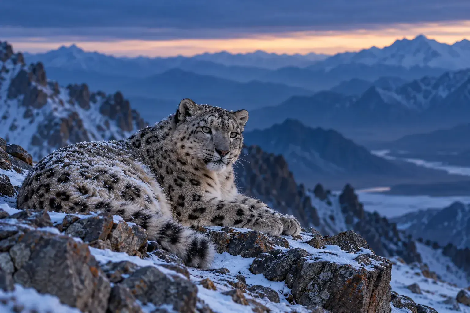 A snow leopard on a Ladakh ridge at blue hour