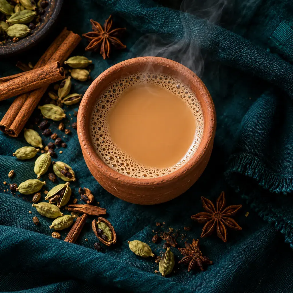 Masala chai in a clay cup with whole spices