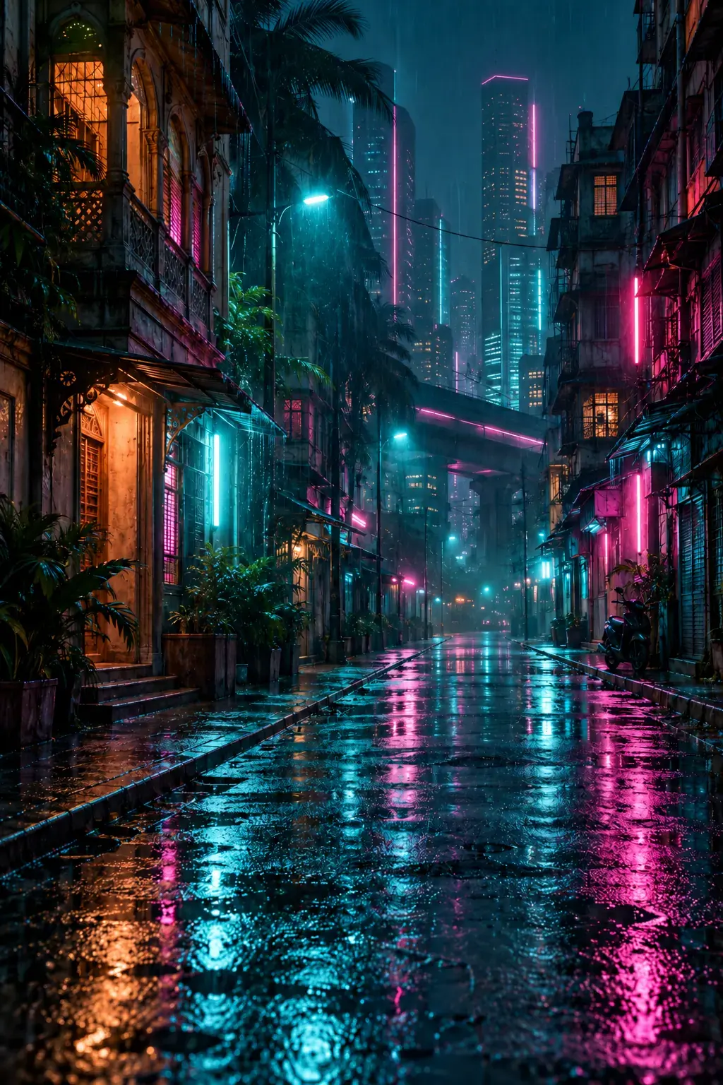 Rain-soaked neon street at night