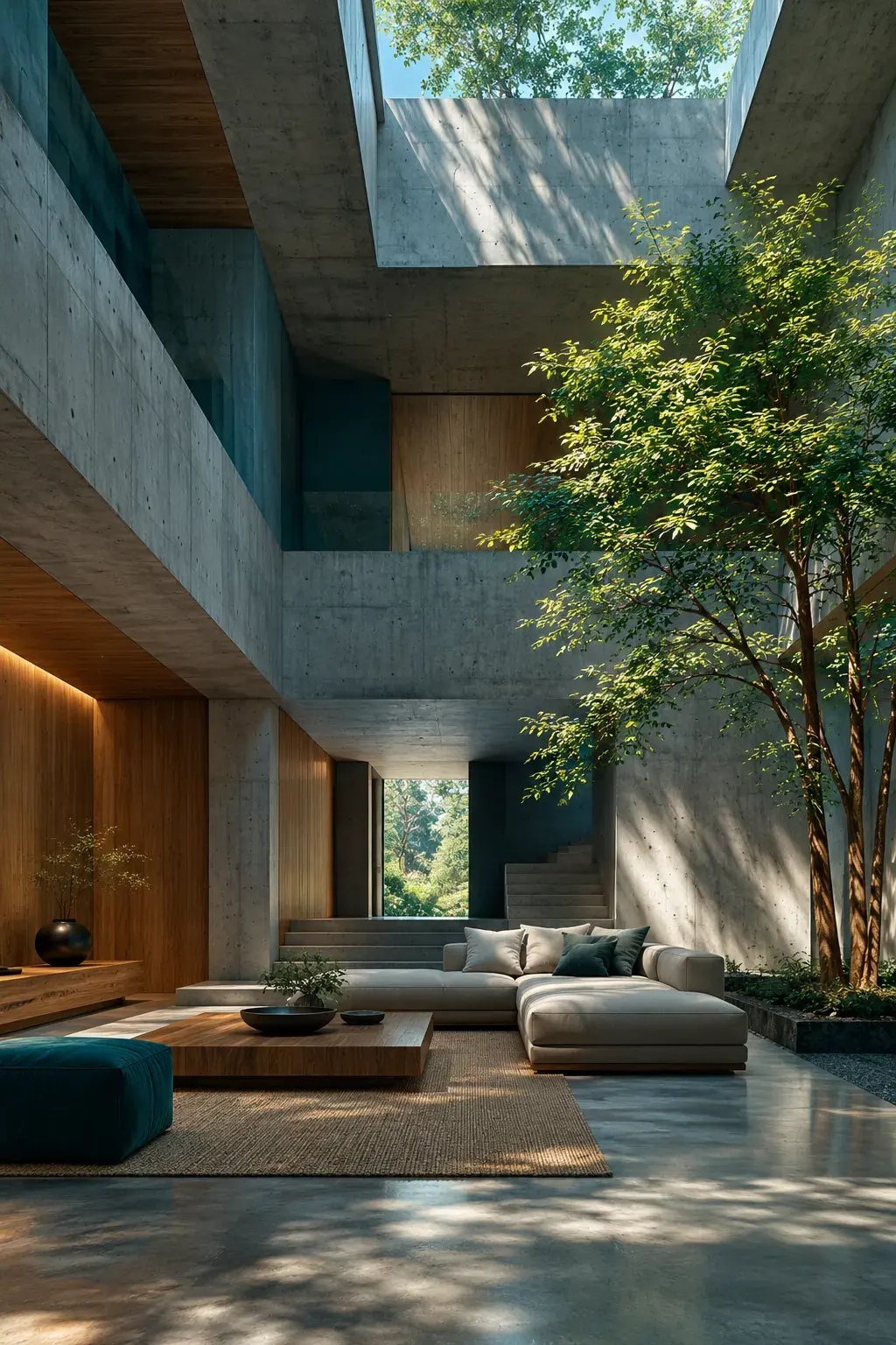Concrete and wood interior with an indoor tree