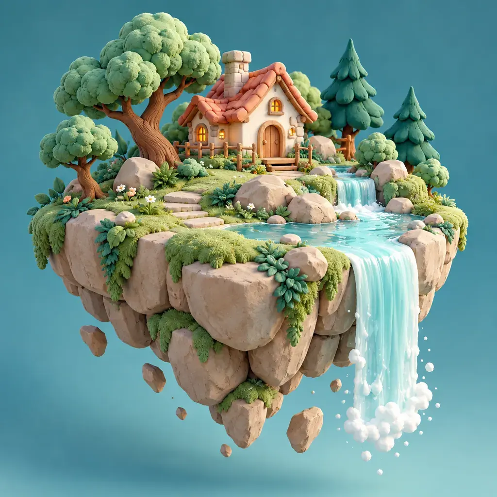 Clay-render floating island with a cottage and waterfall