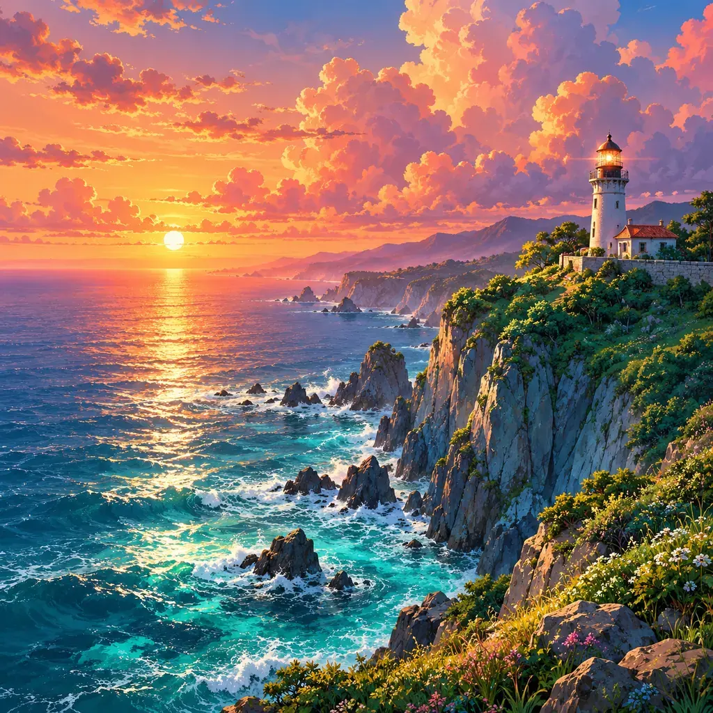 Anime-style lighthouse on a cliff at sunset