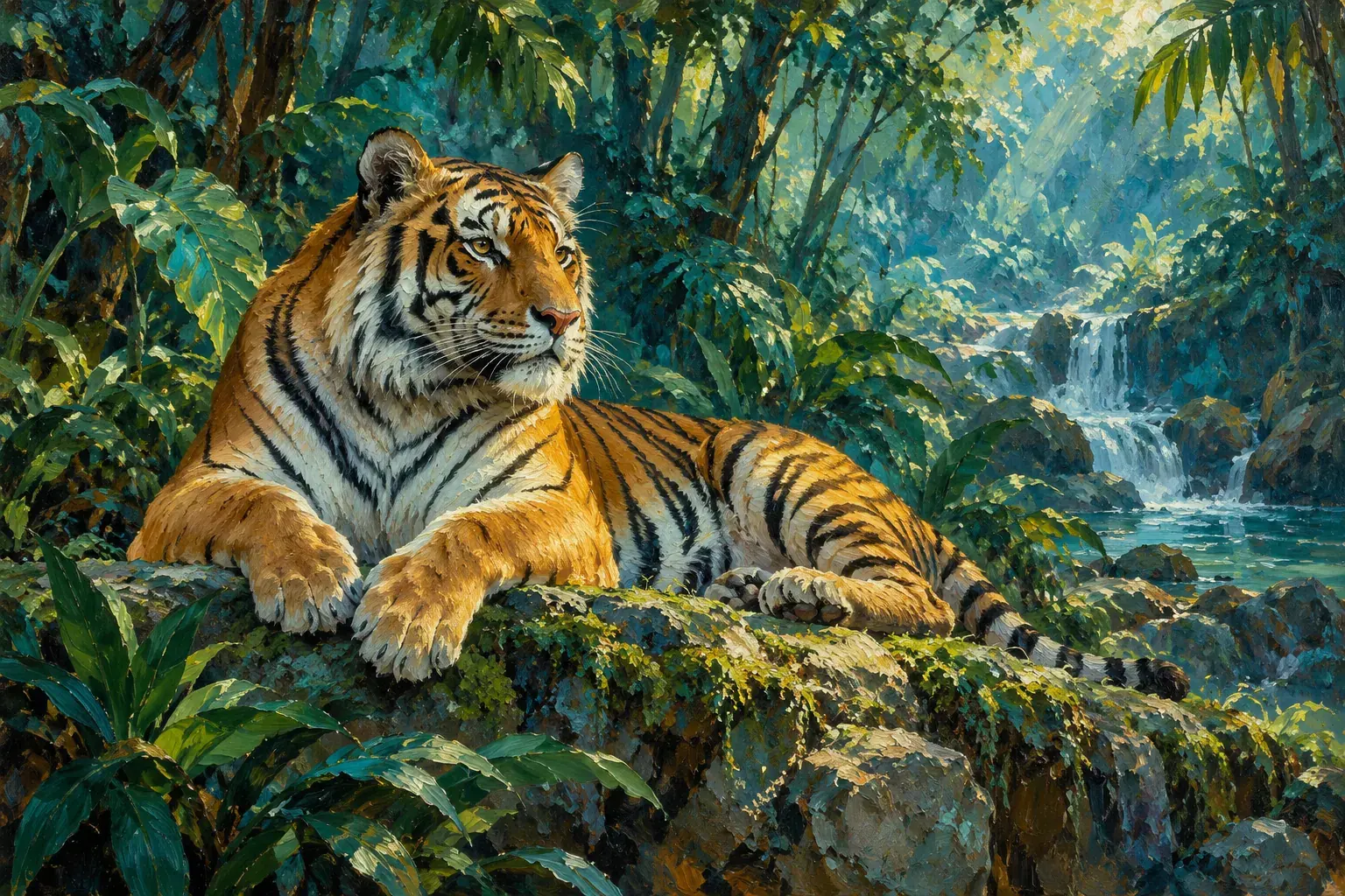 Oil painting of a tiger resting in a teal jungle